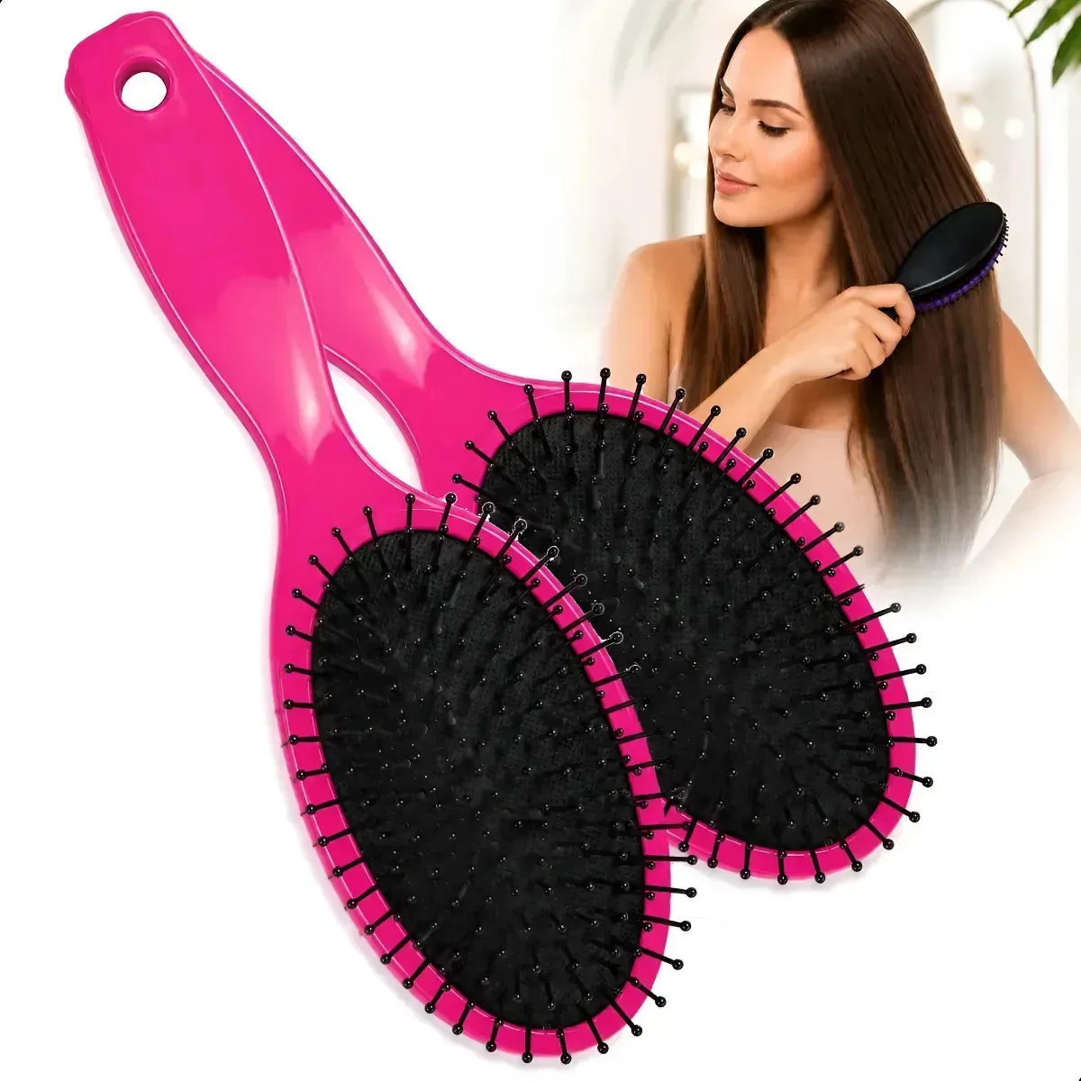 2 Escovas De Cabelo Desembaraçadora Cabelos Longos Cacheados Rosa