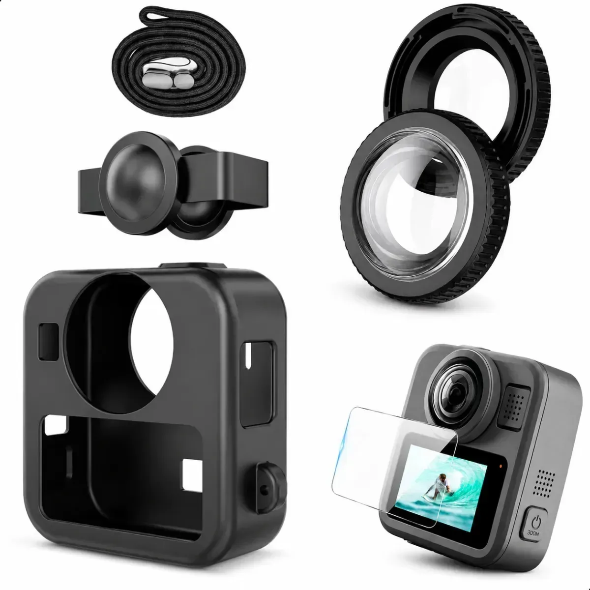 Kit Case + 2 Lentes E Pelicula Vidro 9h Para Gopro Max 360 2 Preto