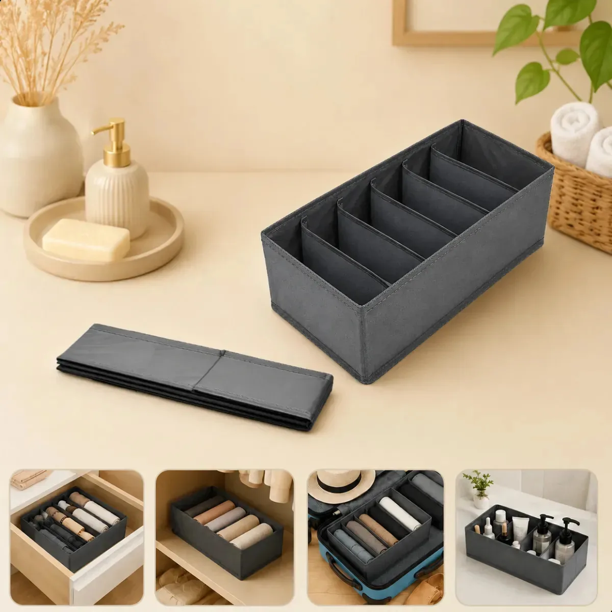 Organizador Gaveta Meias Roupa Íntima 6 Divisórias 30cm Cinza