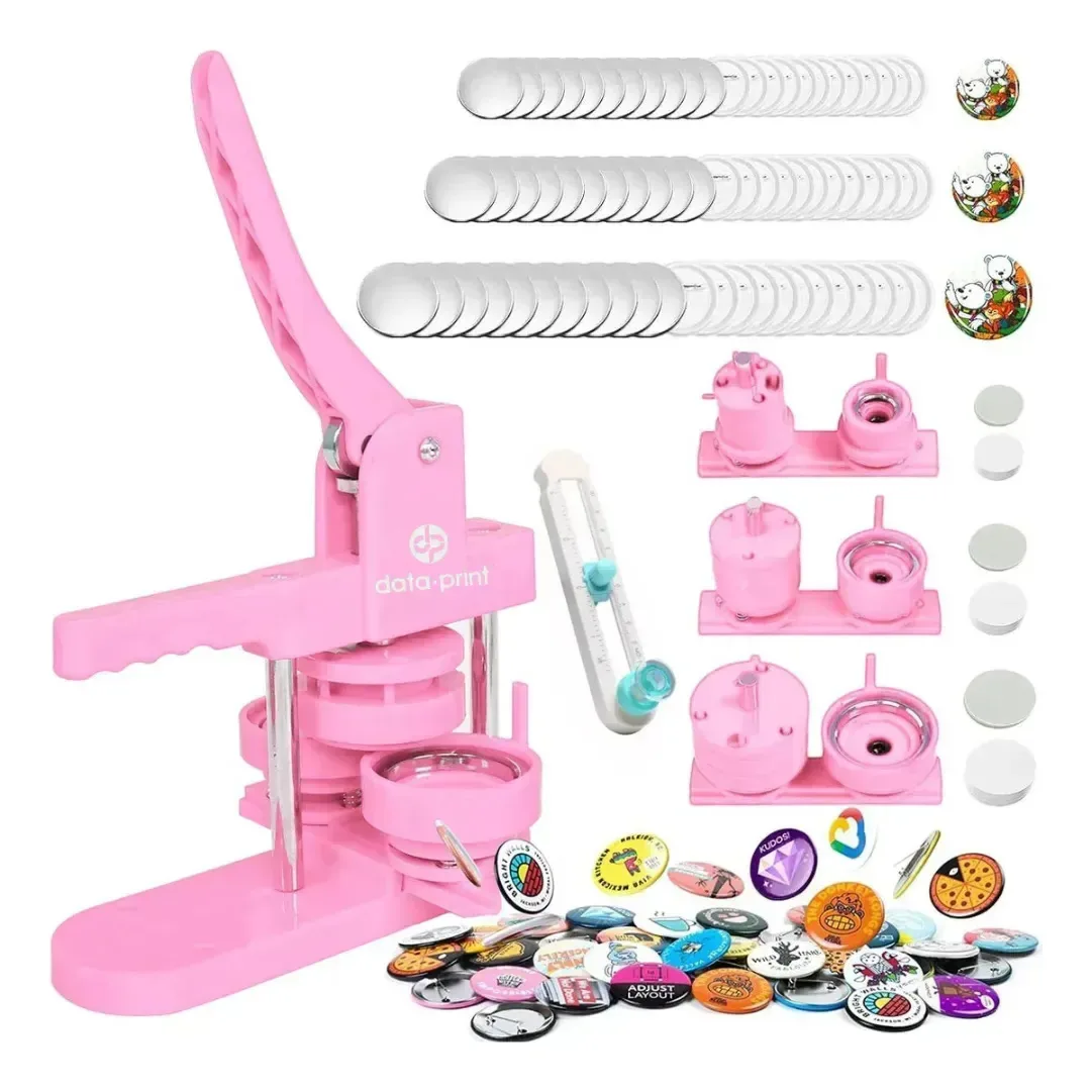 3 Máquinas Botões Panda Rosa Pins 32/44/58mm + Brindes