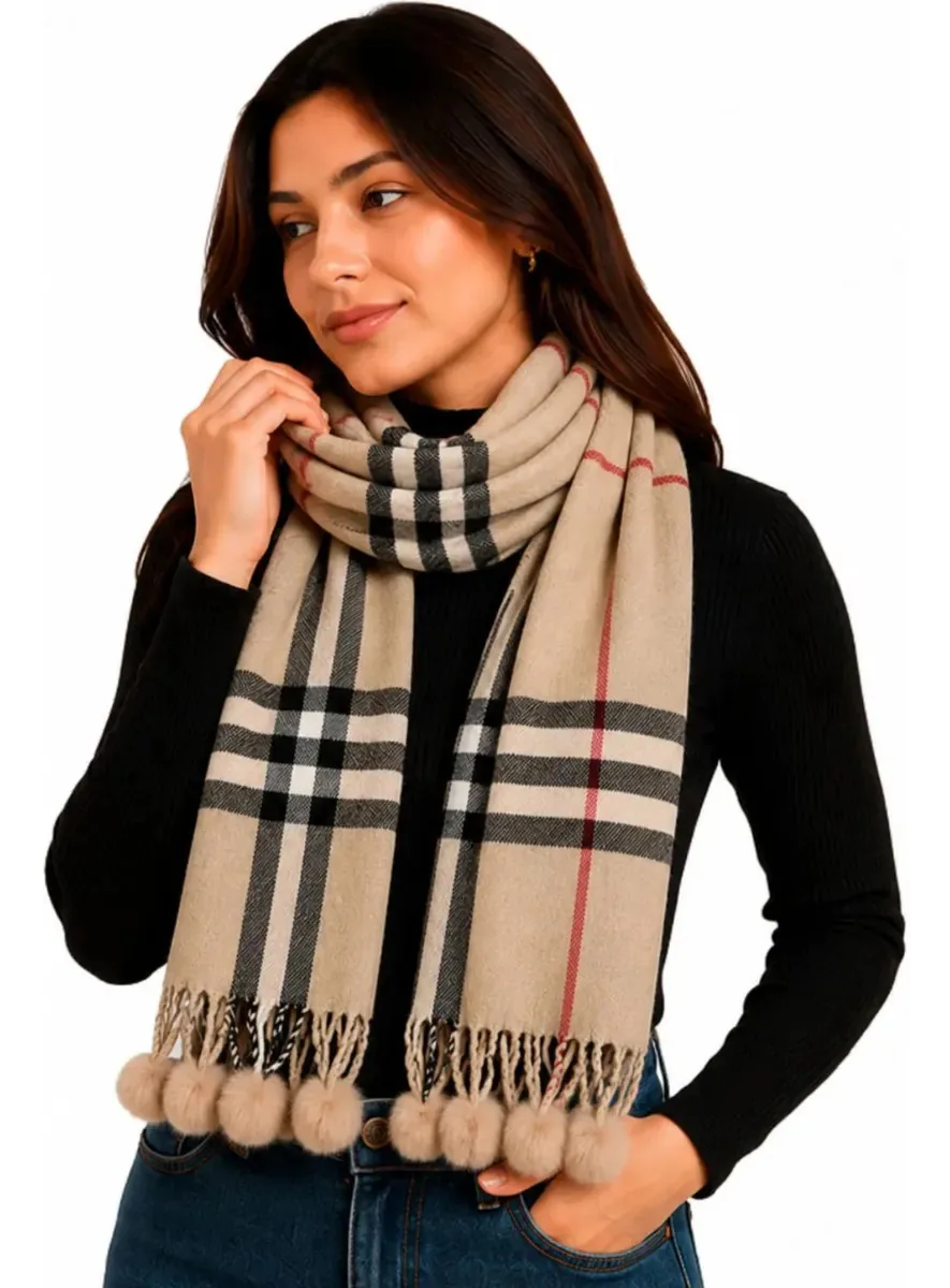 Cachecol Feminino Xadrez Bege com Pompom para Inverno