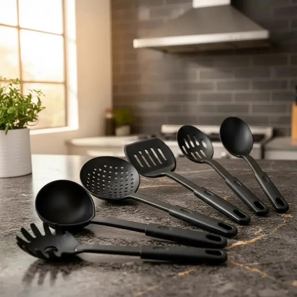 Conjunto X6 de utensílios de cozinha, colher de espaguete, cor: preto, preto