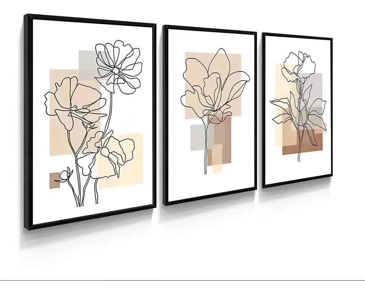 Kit 3 Quadros Plantas Minimalistas Tons Pastéis 60x40cm Cor Preto