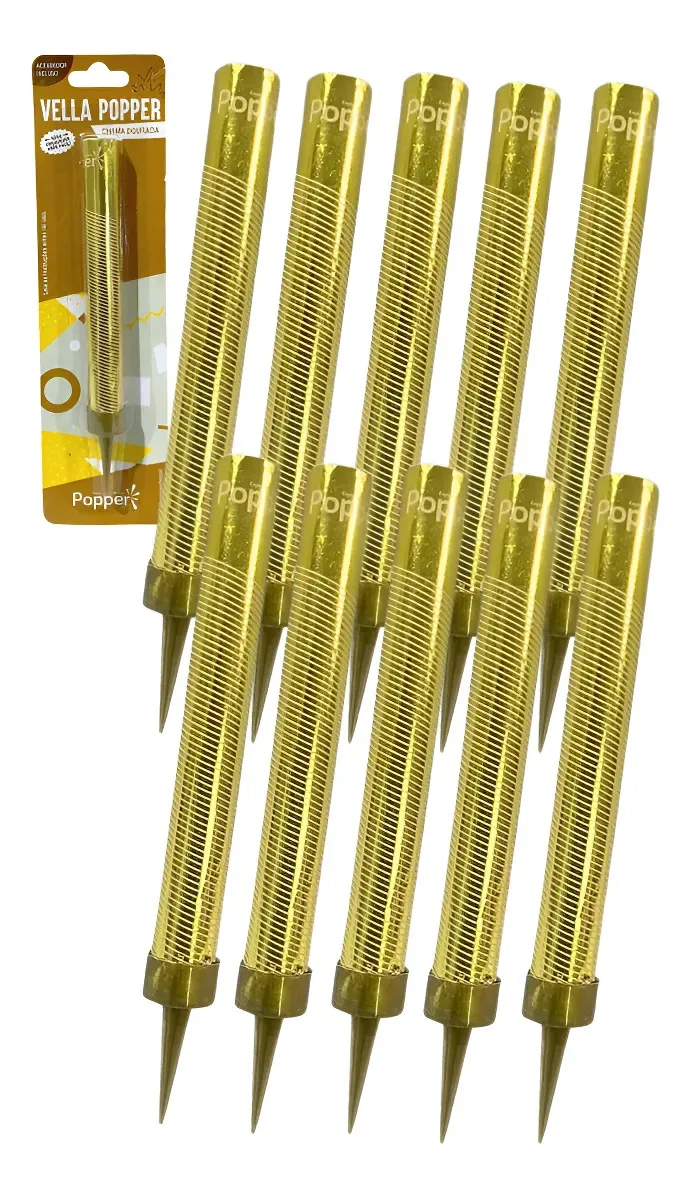 Kit 10 Velas Vulcão Foguetinho Dourada Popper
