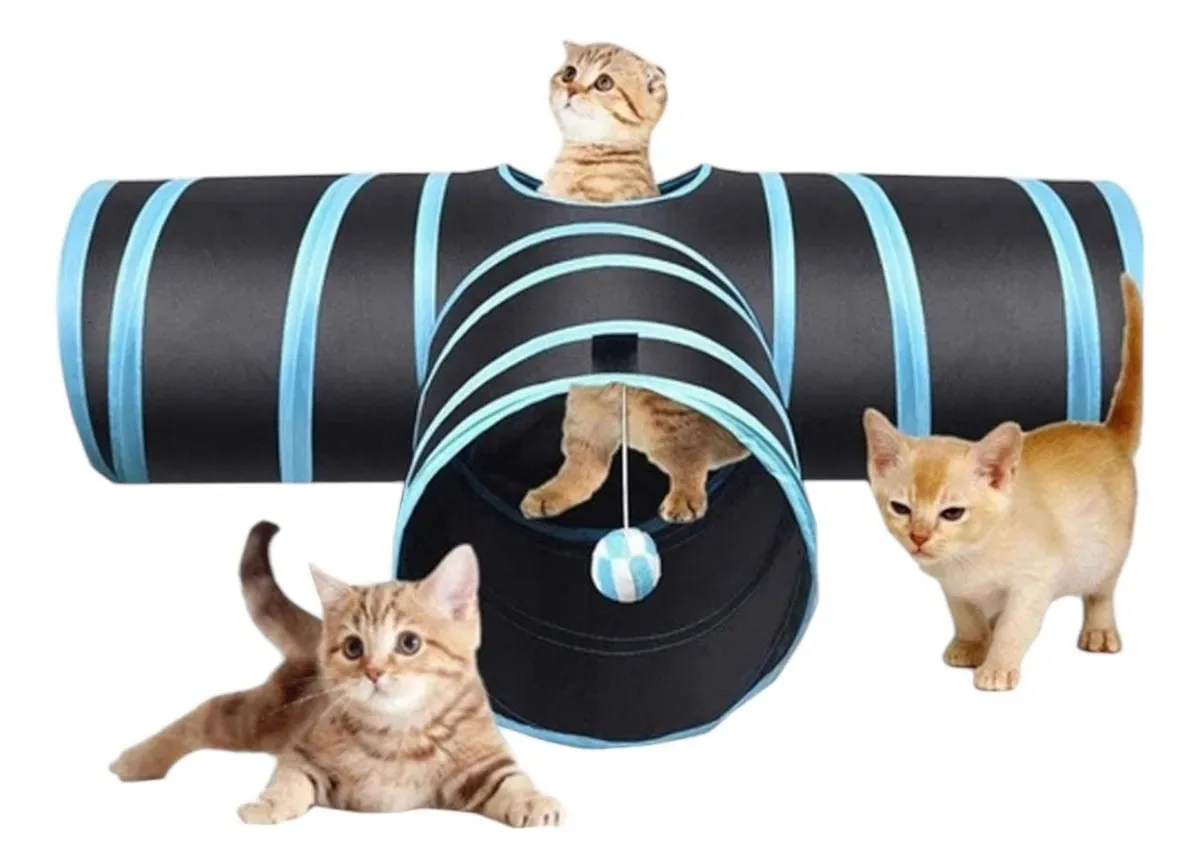 Túnel T Para Gato Pet Dobrável Nylon Com 3 Entradas Preto