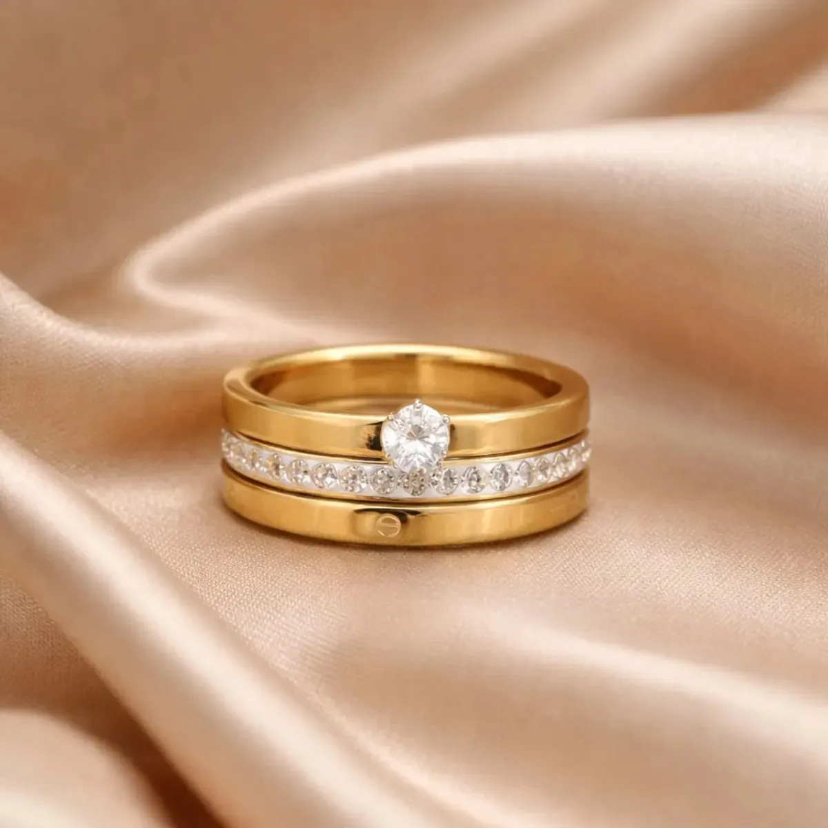 Trio De Aneis Solitário Aparador Zircônias Dourado Aço Inox 23