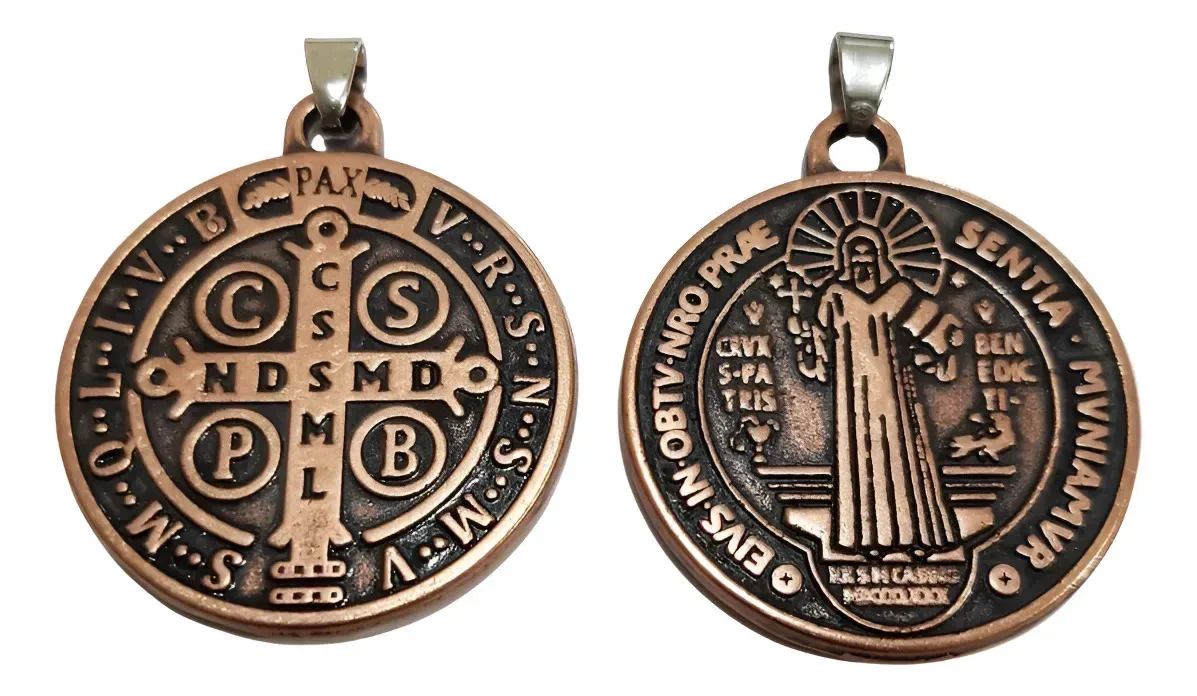2 Medalhas São Bento Ouro Velho Prata Velho Pingentes Bijou Cor Bronze
