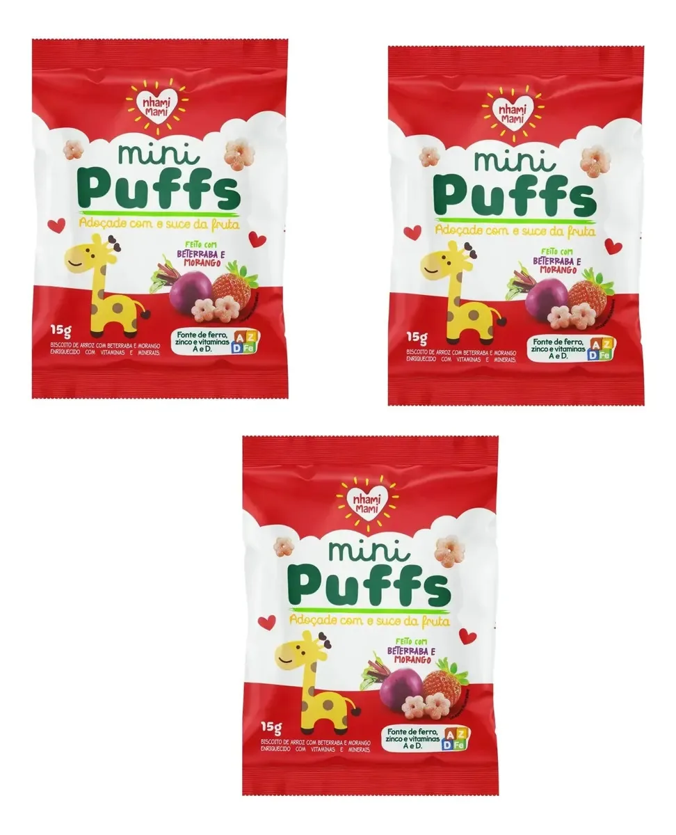 Mini Puffs Snacks Beterraba E Morango Nhami Mami 3un X 15g
