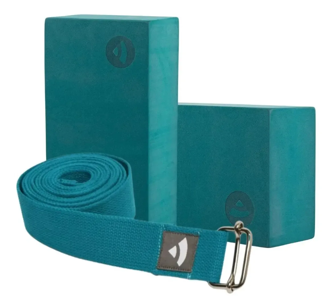 Kit Yoga 2 Bloco Tijolo Yoga E 1 Cinto Strap Yoga Pilates Cor Petróleo