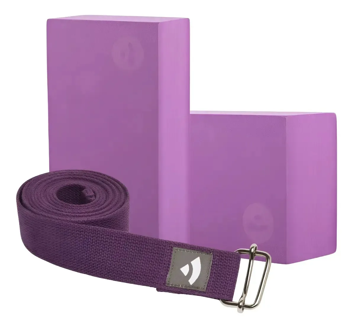 Kit Yoga 2 Bloco Tijolo Yoga E 1 Cinto Strap Yoga Pilates Cor Roxo