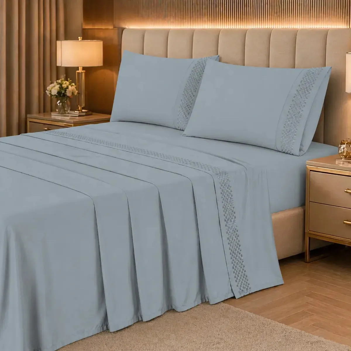 Jogo Cama King Imperiale 300 Fios Algodão Bordado Inglês Cor Cinza