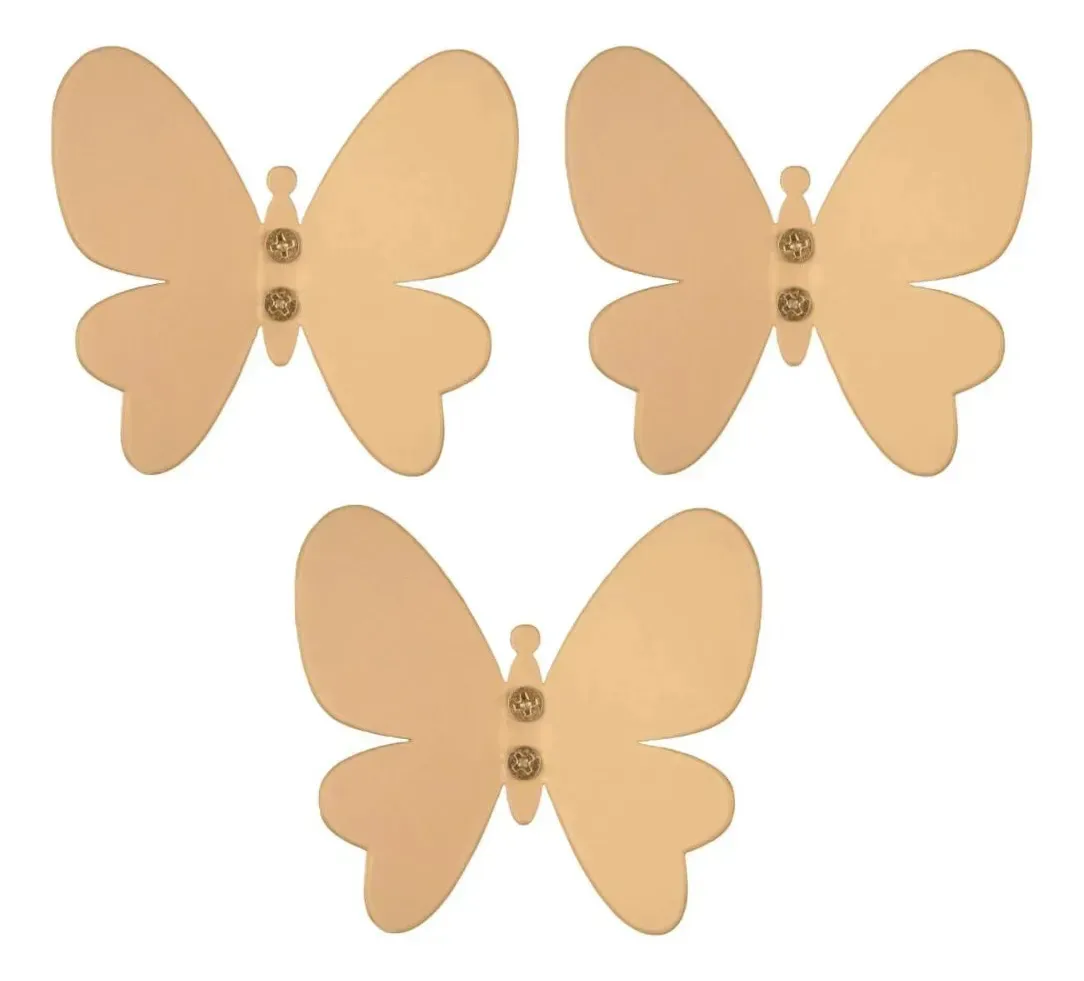 Kit 3 Cabideiros Borboleta Dourada Ganchos De Parede Dourado