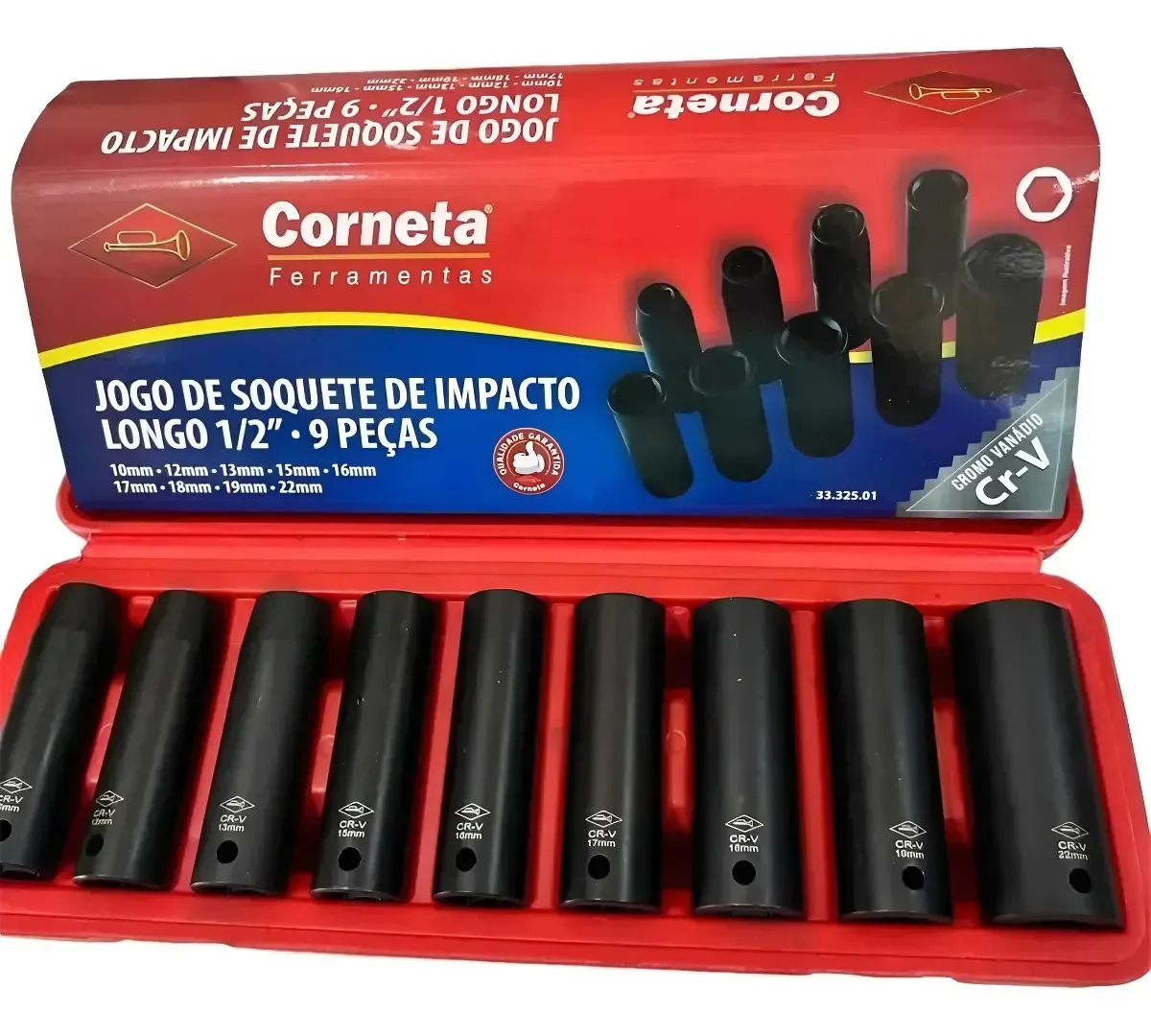 Jogo Com Soquete Impacto Longo 1/2 9pecas 10 A 22mm Corneta