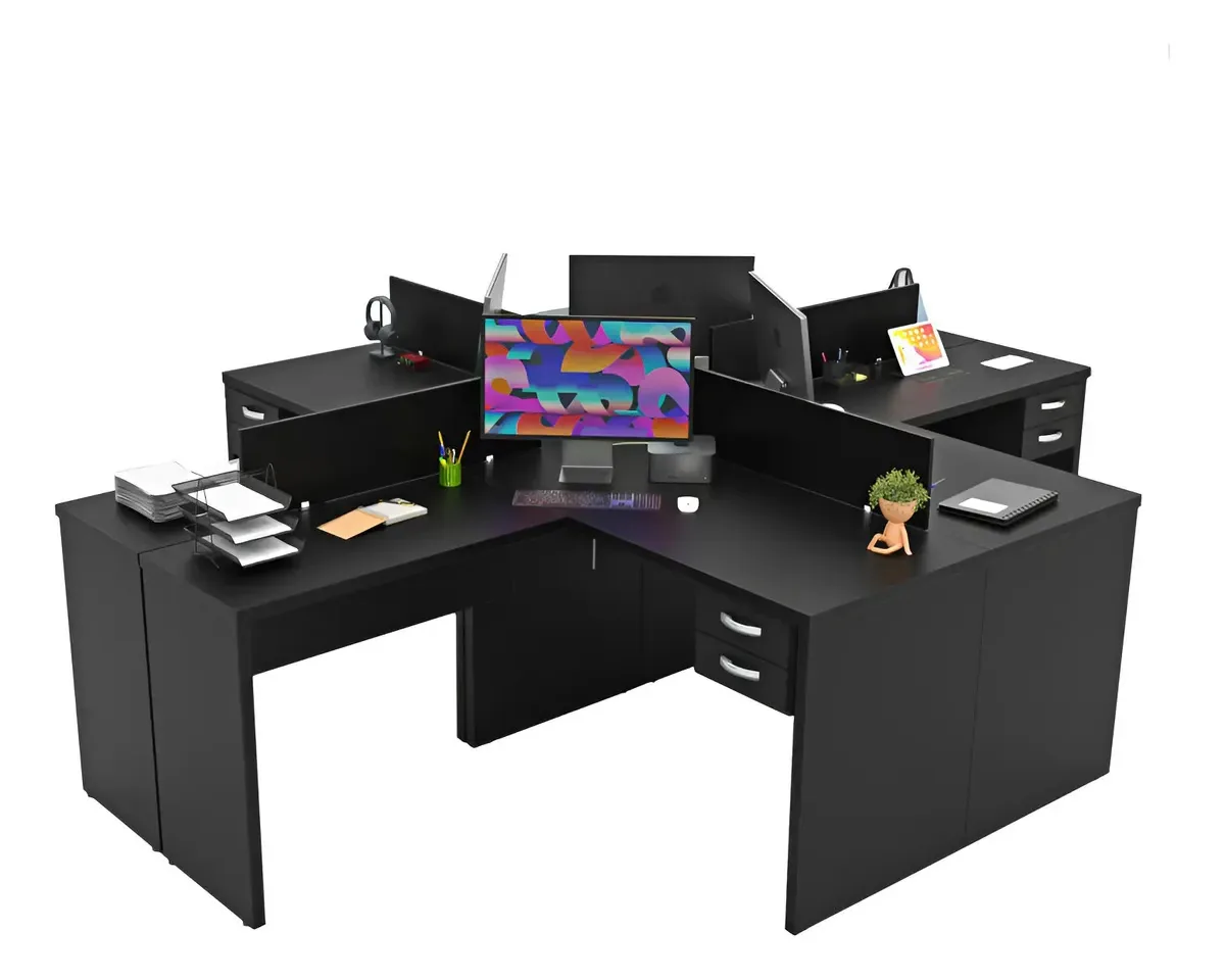 Estação De Trabalho Ilha Em L 140x60cm Com Gaveta Netmobil Cor Preto
