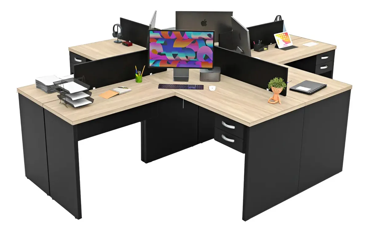 Estação De Trabalho Ilha Em L 140x60cm Com Gaveta Netmobil Cor Dubai/Preto
