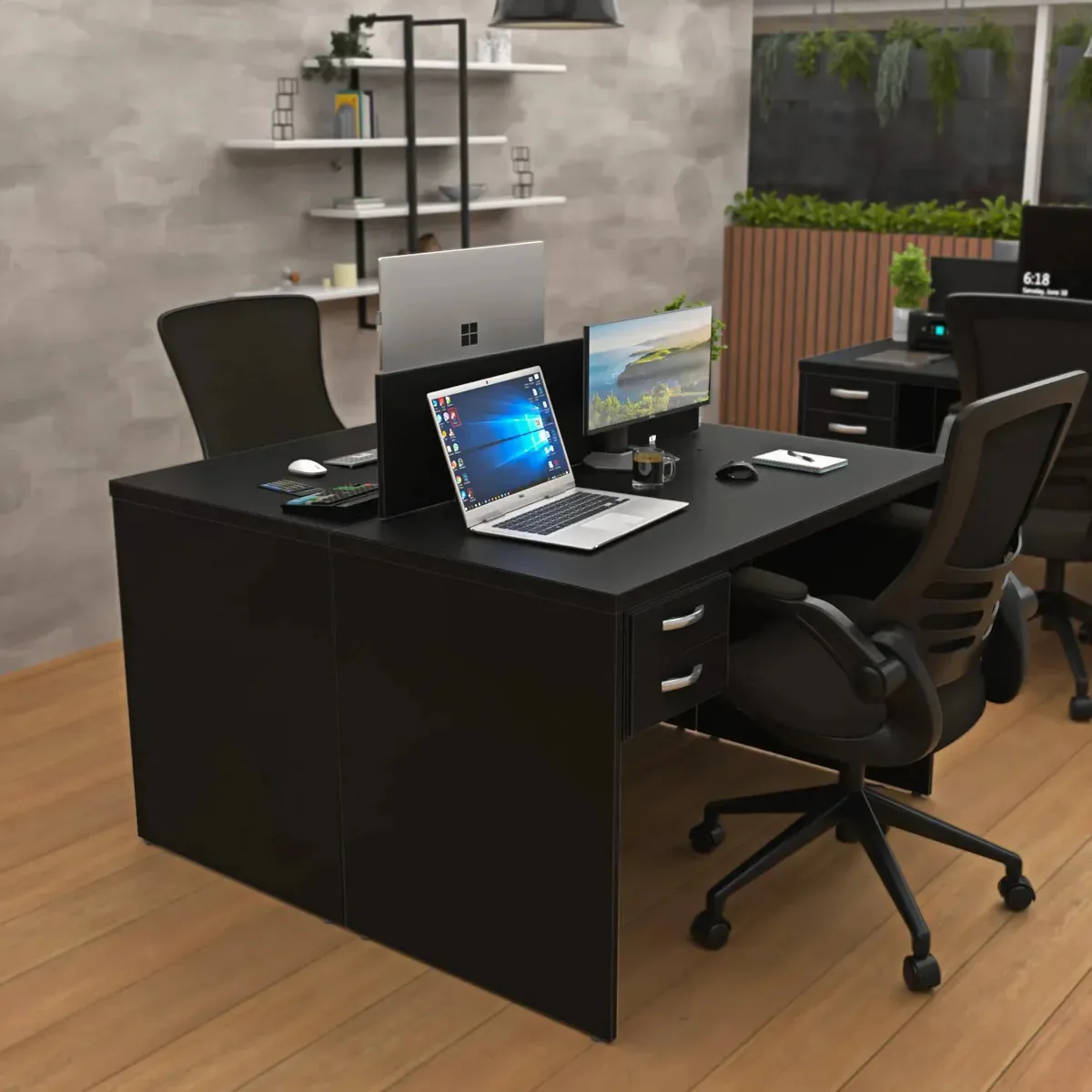 Estação De Trabalho 2 Lugares 140x60cm Com Gaveteiro Flex Preto