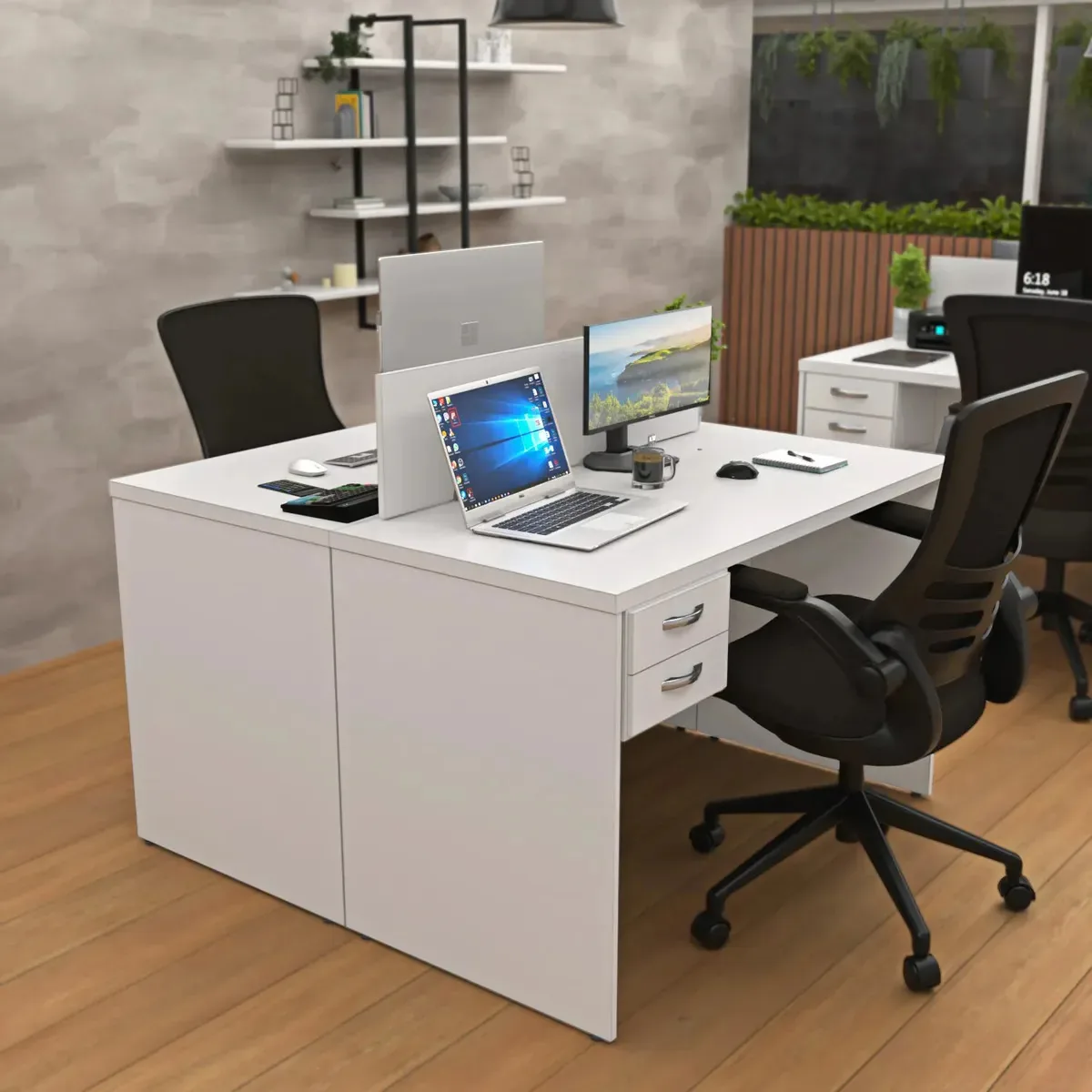 Estação De Trabalho 2 Lugares 140x60cm Com Gaveteiro Flex Branco