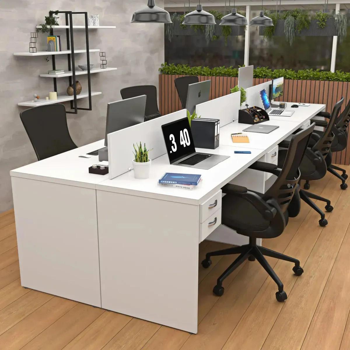 Estação De Trabalho 6 Lugares 140x60cm Com Gaveteiro Flex Branco