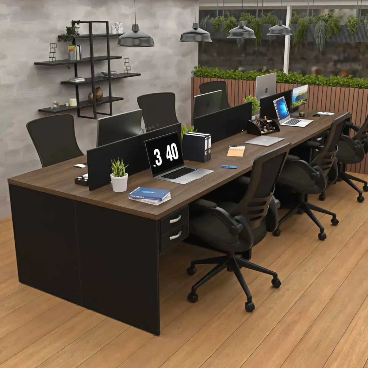 Estação De Trabalho 6 Lugares 140x60cm Com Gaveteiro Flex Marrom-escuro