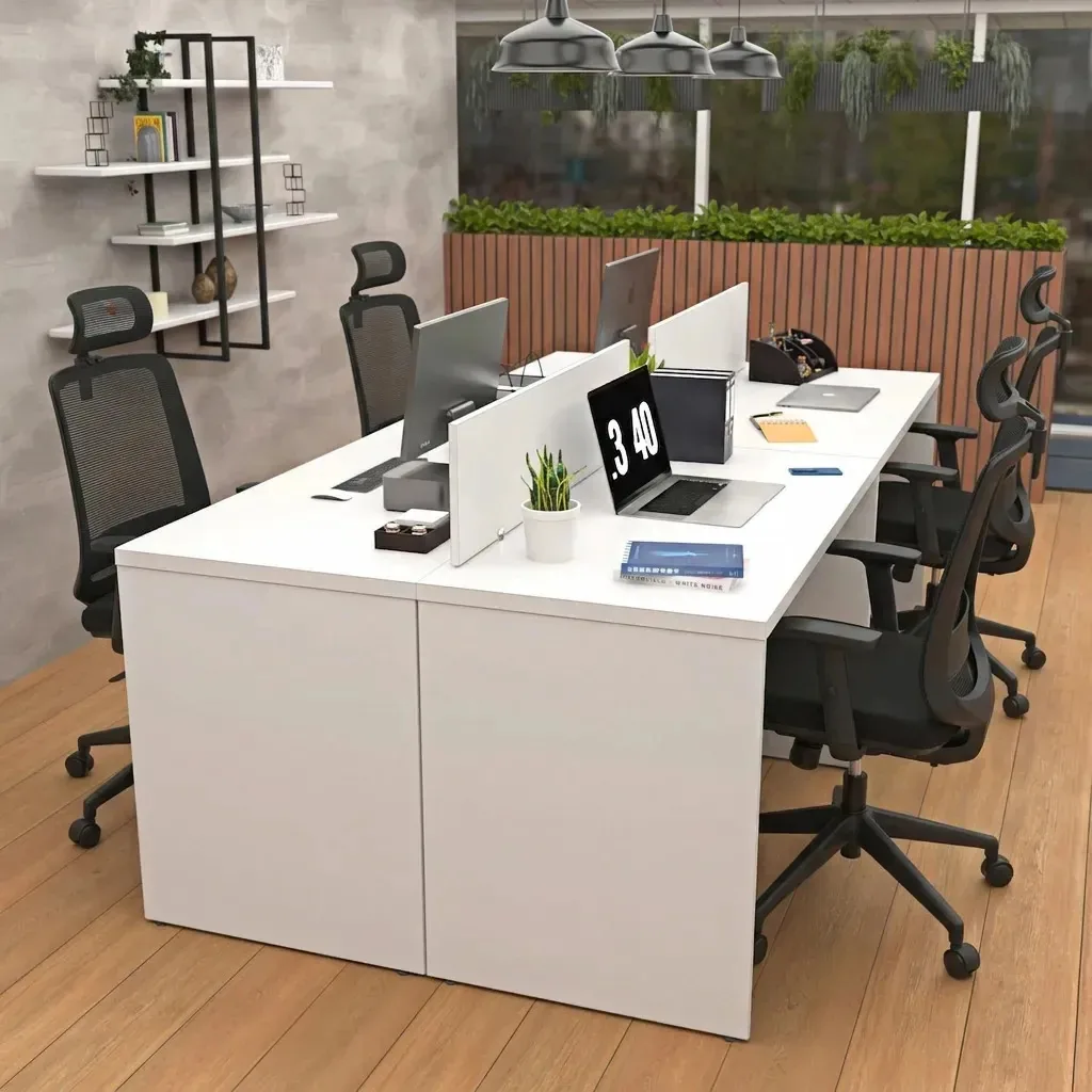Conjunto Estação Trabalho 4 Lugares E 4 Cadeiras Escritório Branco