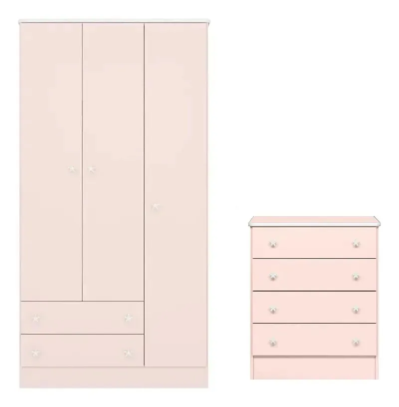 Guarda Roupa 3 Portas E Cômoda Rose Rosa