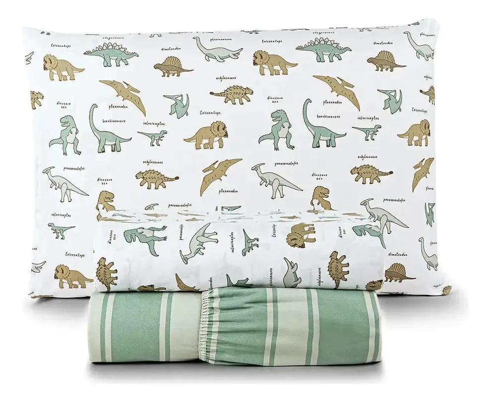 Jogo Cama Lençol Lutti Solteiro Infantil 3pçs Kids Divertido Verde Dinossauro