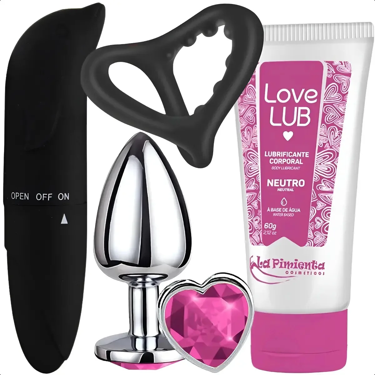 Kit Plug Anal P + Vibrador Anel Peniano Lubrif Icante Excita Rosa