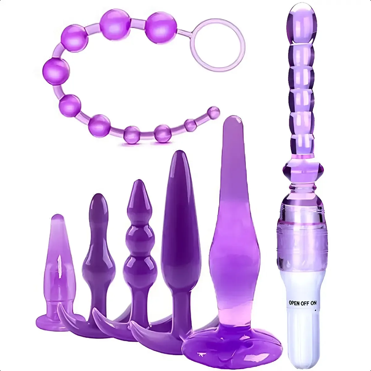Kit de Brinquedos Eróticos QT , 7 Peças com Plug Anal Vibrador e Dedeira, Roxo