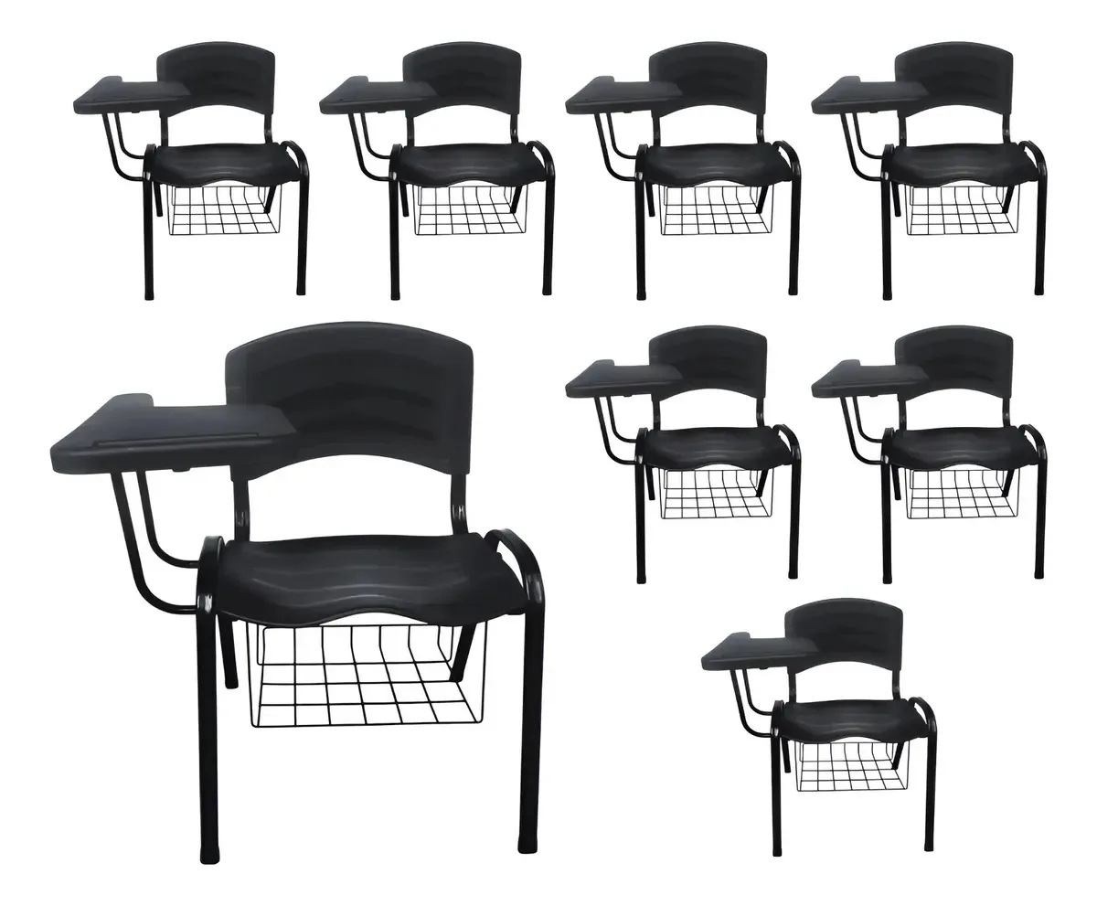 Kit de 8 Cadeiras Universitárias com Porta Livros Preta Multflex