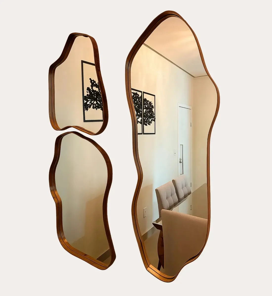 Kit 3 Espelhos Orgânico Grande Borda Madeira Moderno Sem Moldura