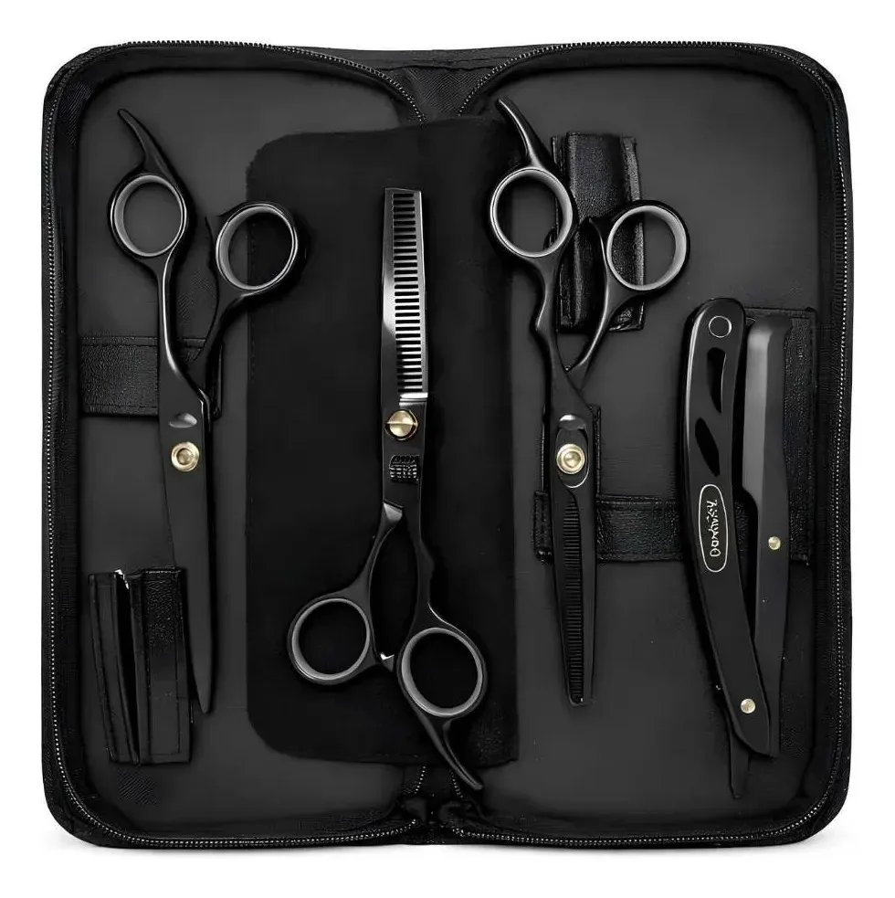 Kit 3 Tesouras Profissionais Fio Laser Navalha Preto