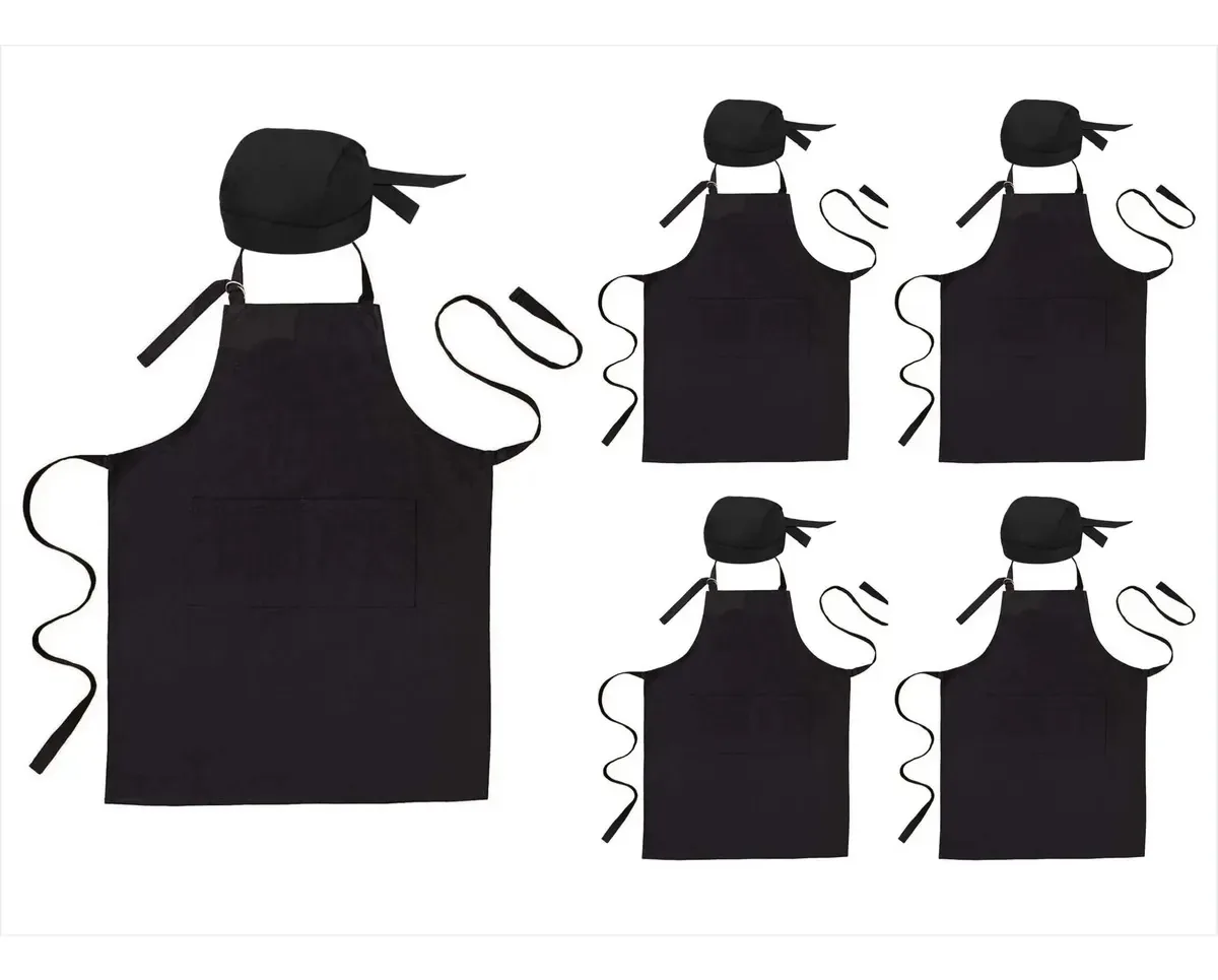 Kit 5 Aventais C/ Bandana Oxford C/ Bolso Bar Cozinha Chef Cor Preto