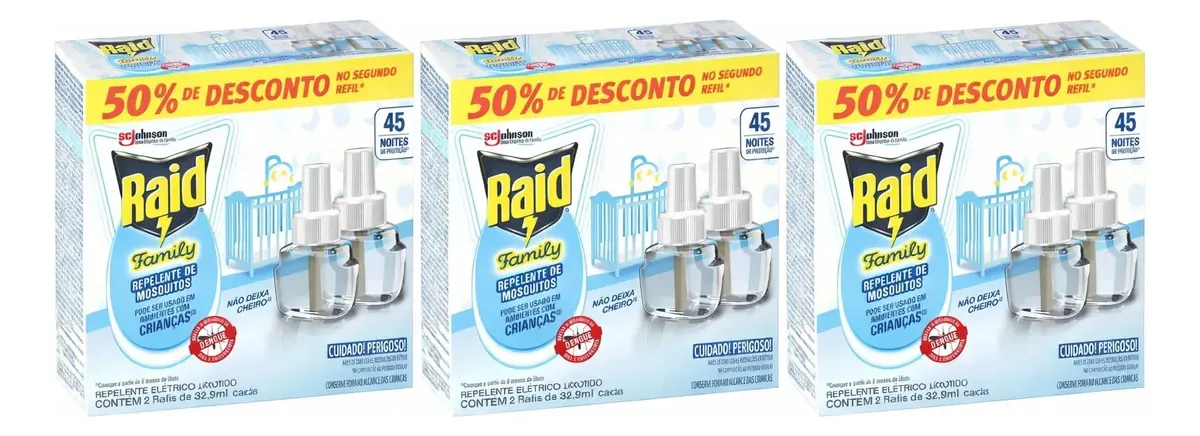 3 Raid Family Repelente Elétrico De Tomada 6 Refil De 32,9ml