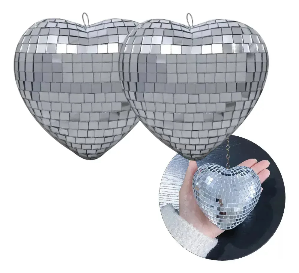 Kit 2 Coração Espelho 11cm Rotativo Refletir Luzes Decorar