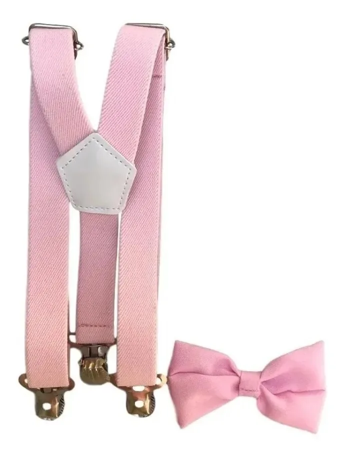 Kit Com Gravatas Borboleta E Suspensório Infantil Cor Rosa Bebê