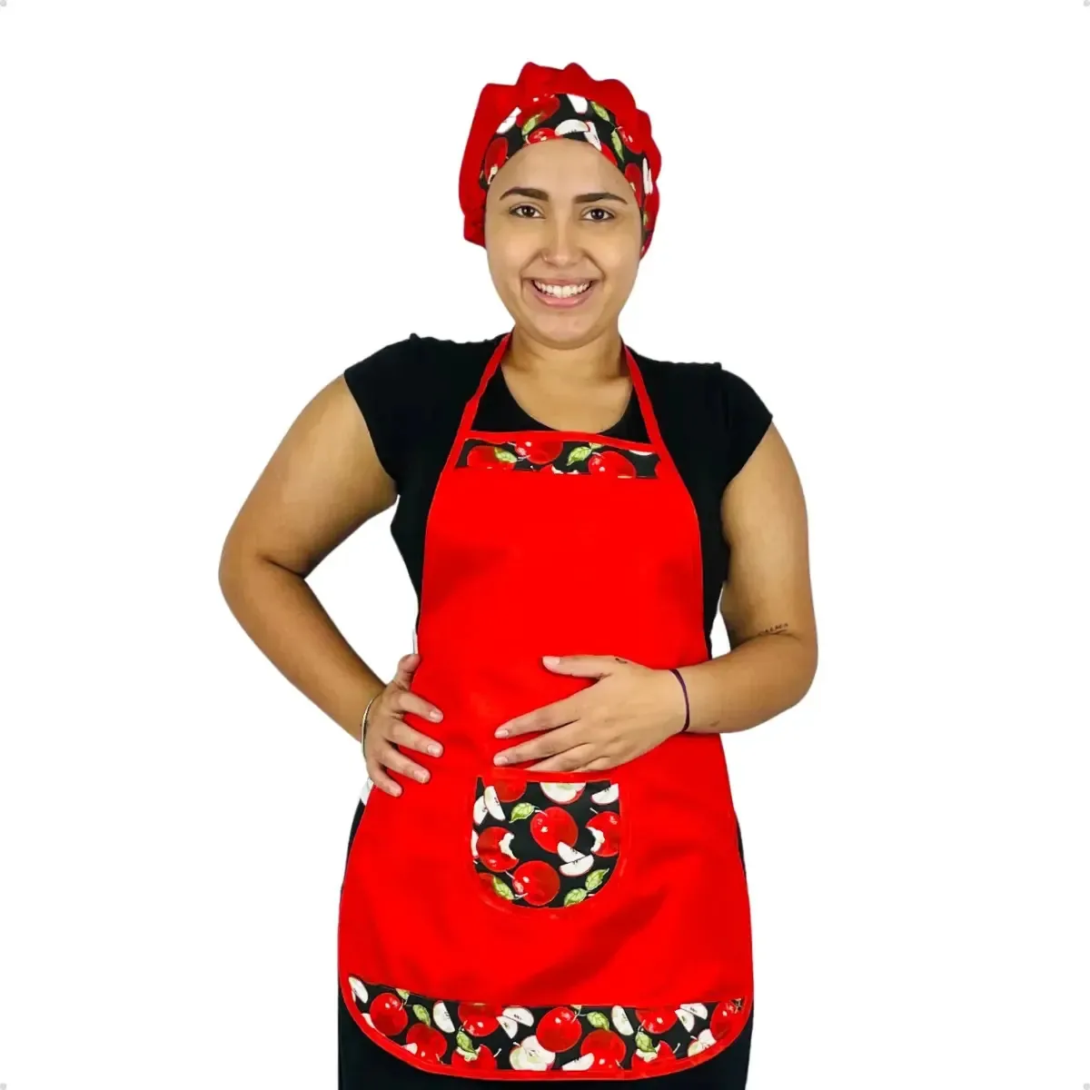 Avental De Oxford + Touca De Cozinha Uniforme Padaria Cor Vermelho
