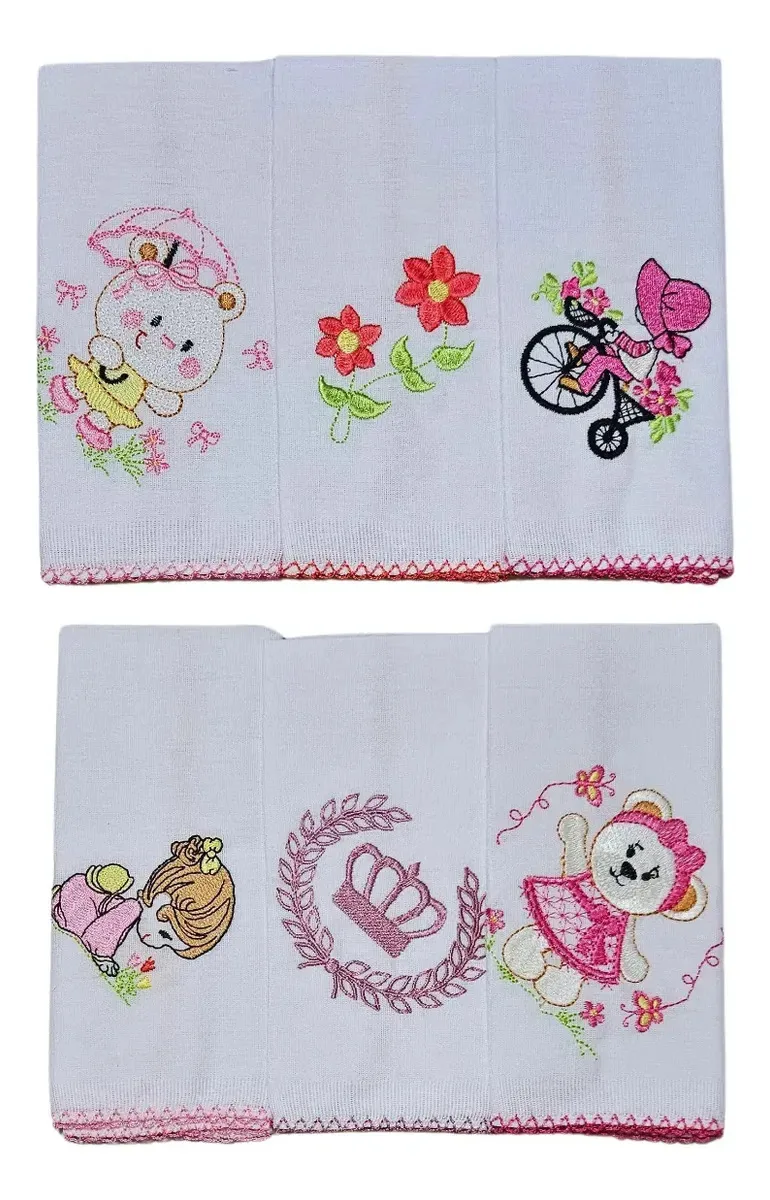 Kit 6 Paninhos De Boca Lencinho Babete Bordado Bebê Menina