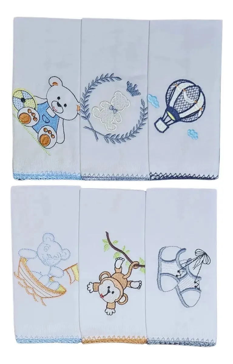 Kit 6 Paninhos De Boca Lencinho Babete Bordado Bebê Menino