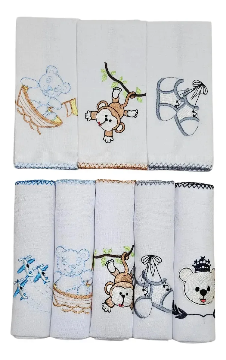 Kit 5 Fraldas Bordadas Algodão Duplo + 3 Pano De Boca Menino Branco