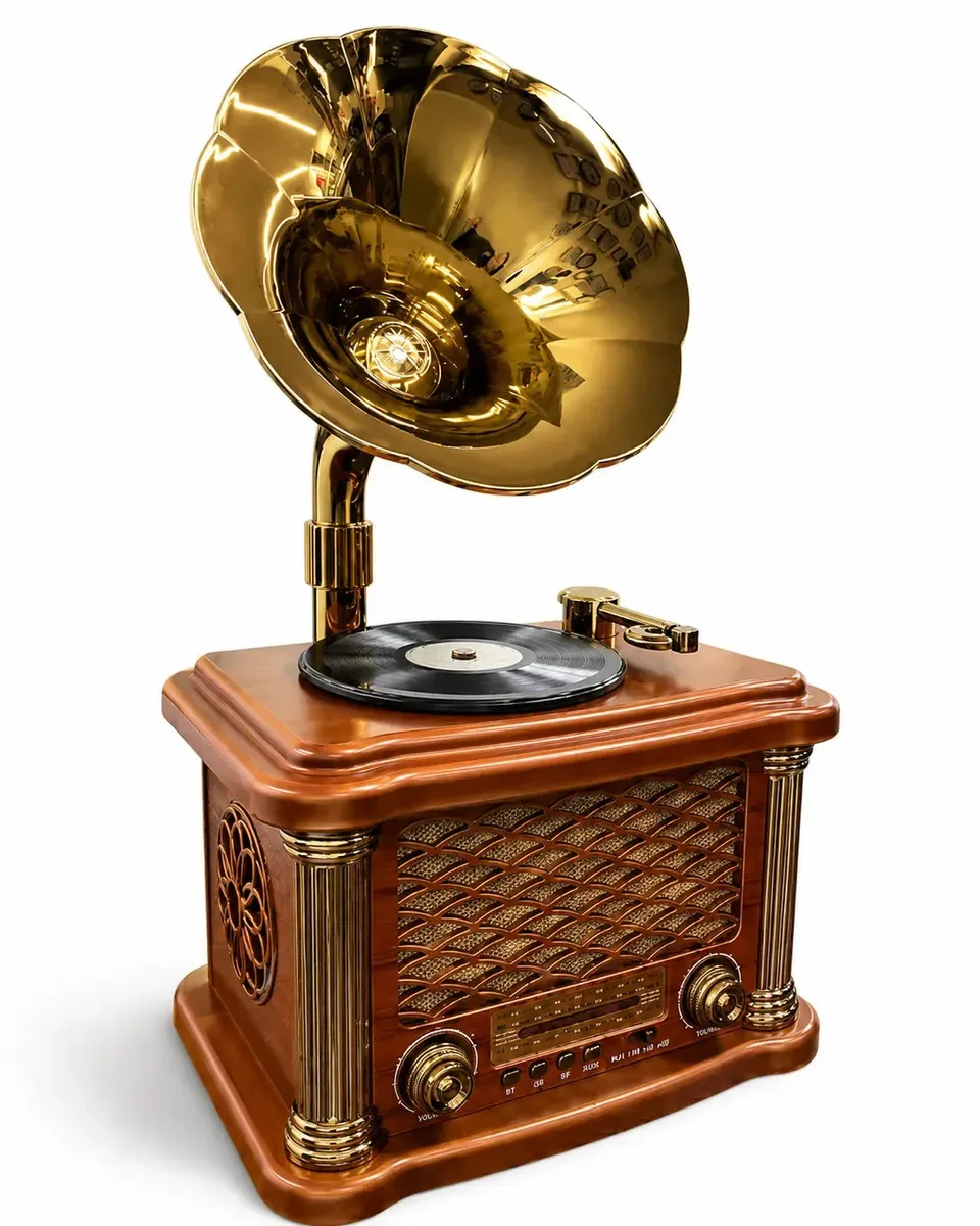 Caixa De Som Retrô Gramofone Bluetooth Rádio Fm Usb Tf Vintage Madeira Decorativa Bivolt Estilo Antigo Led