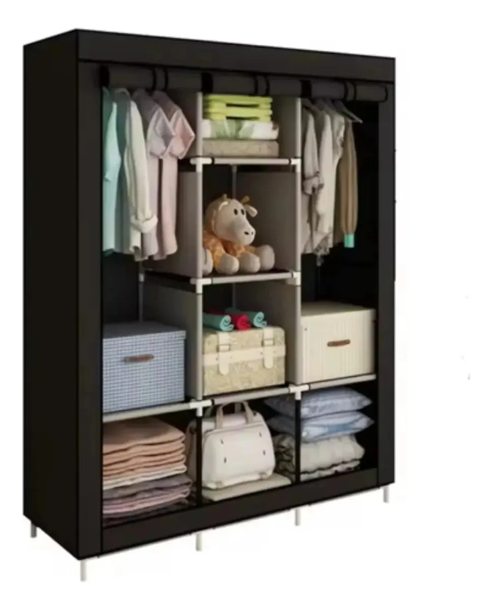 Guarda Roupa Dobrável Portátil Armário Cortina Organizador Preto