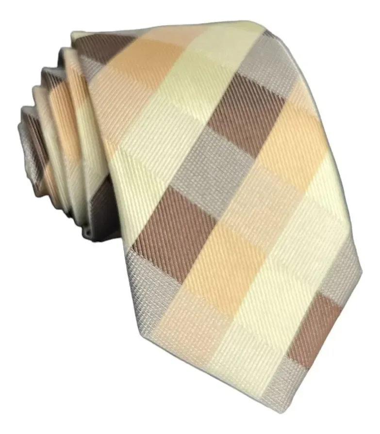 Gravata Xadrez Masculina Luxo Bege Diferenciada Bege Xadrez 149 Cm
