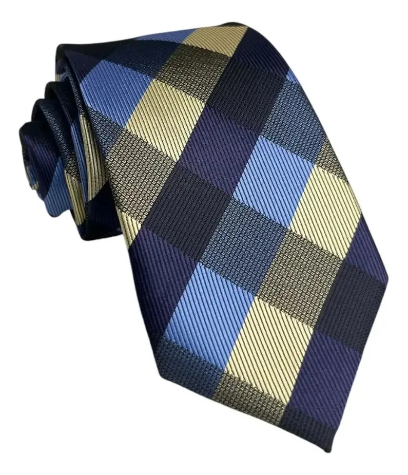 Gravata Xadrez Masculina Luxo Trabalhada Azul E Amarela Azul-aço Gravata Xadrez 149 Cm