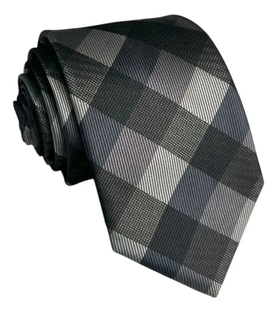 Gravata Xadrez Masculina Cinza Chumbo Luxo Cinza Xadrez 149 Cm