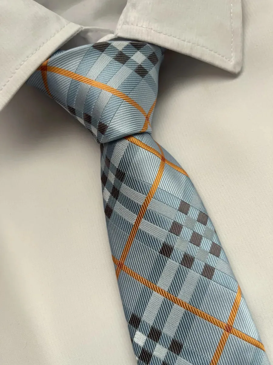 Gravata Df Semi Slim Social Xadrez Marrom Exclusiva Luxo Azul Celeste Xadrez 149 Cm