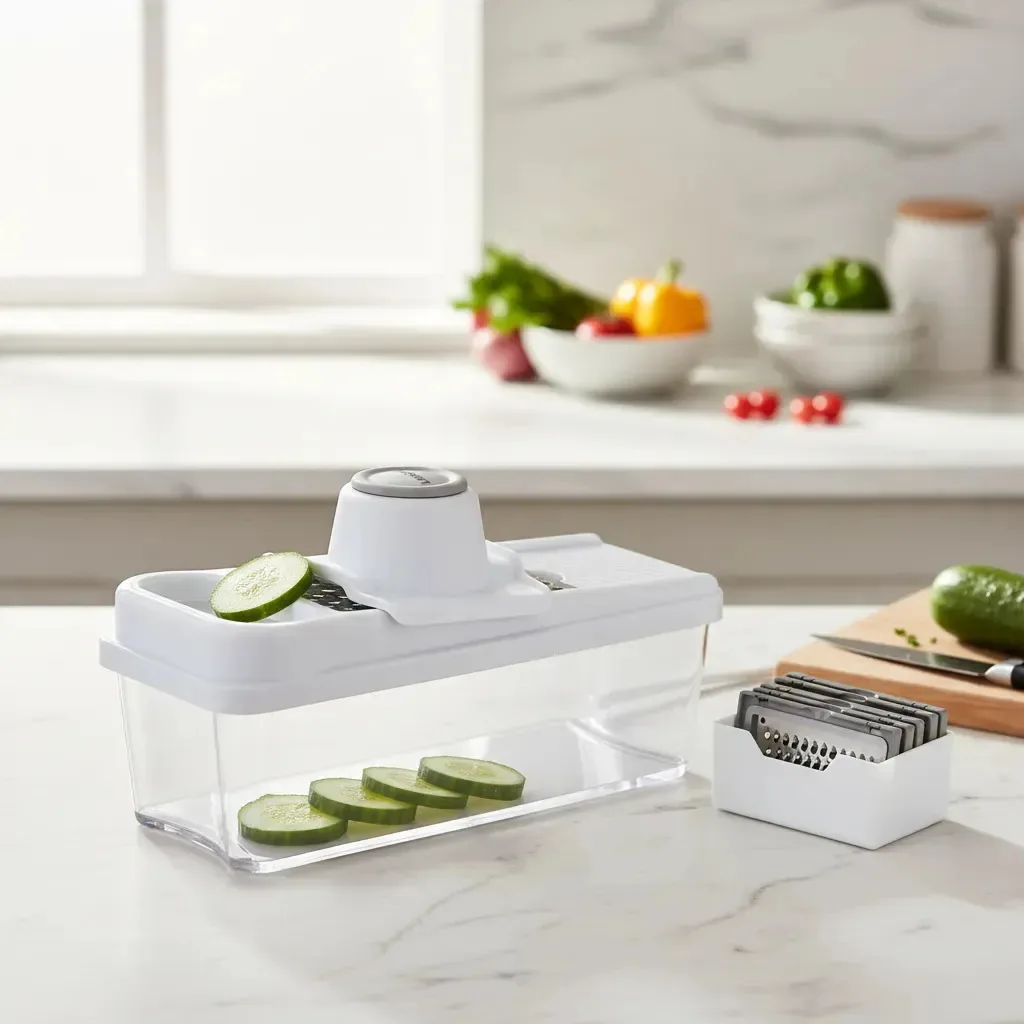 Ralador manual de vegetais Larhaus branco e cinza e cortador de bandolim