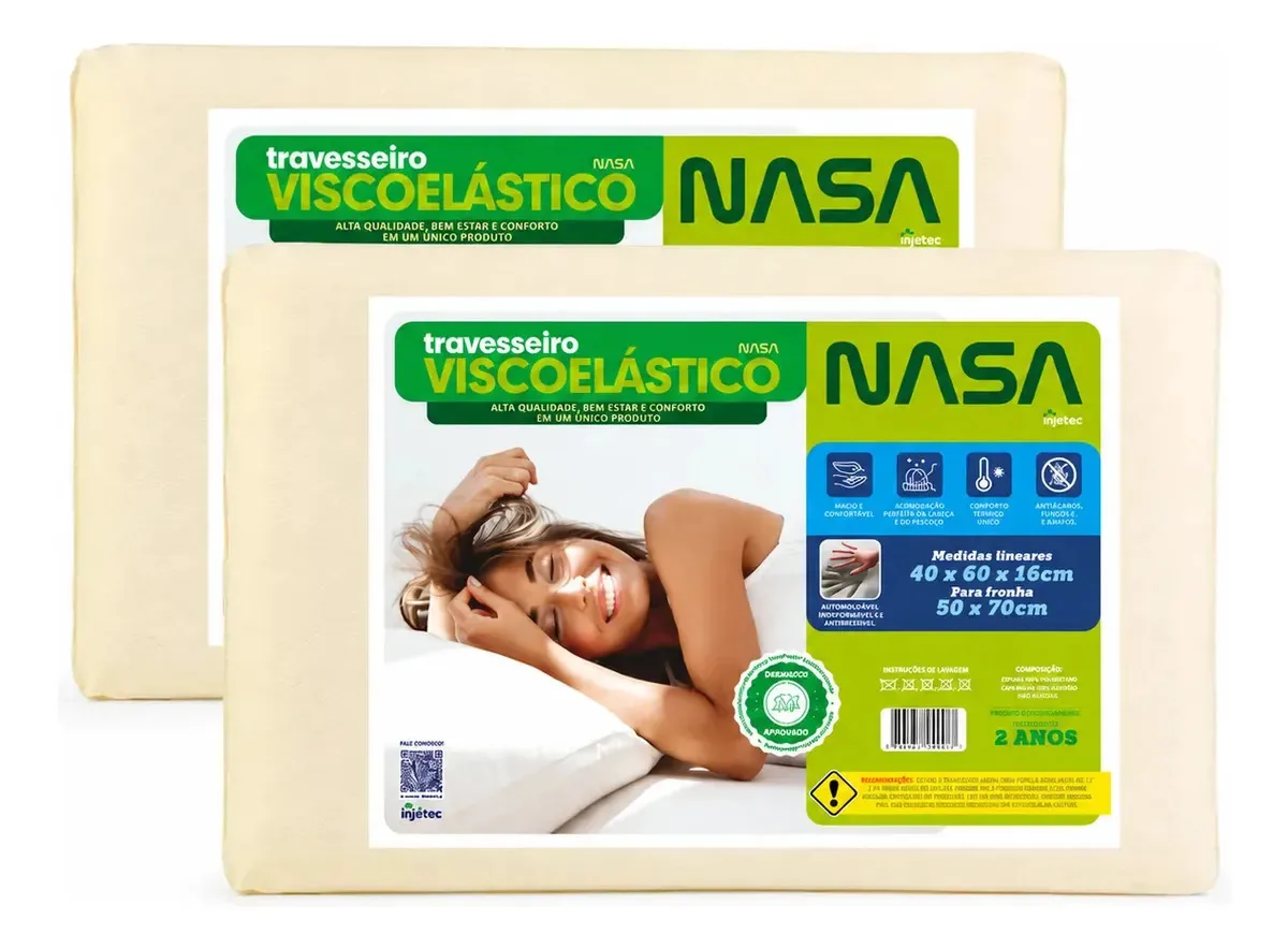 2 Travesseiros Nasa Viscoelastico Conforto 60x40x16 Tradicional