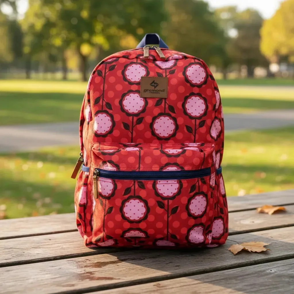 Mochila Gremond Urban, suporte de notebook reforçado à prova d'água, cor: vermelho, flores, design de tecido estampado