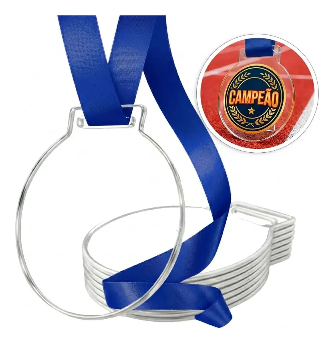 Kit 30 Medalhas Redondas 5cm Cristal 2mm Fita Azul Premiação