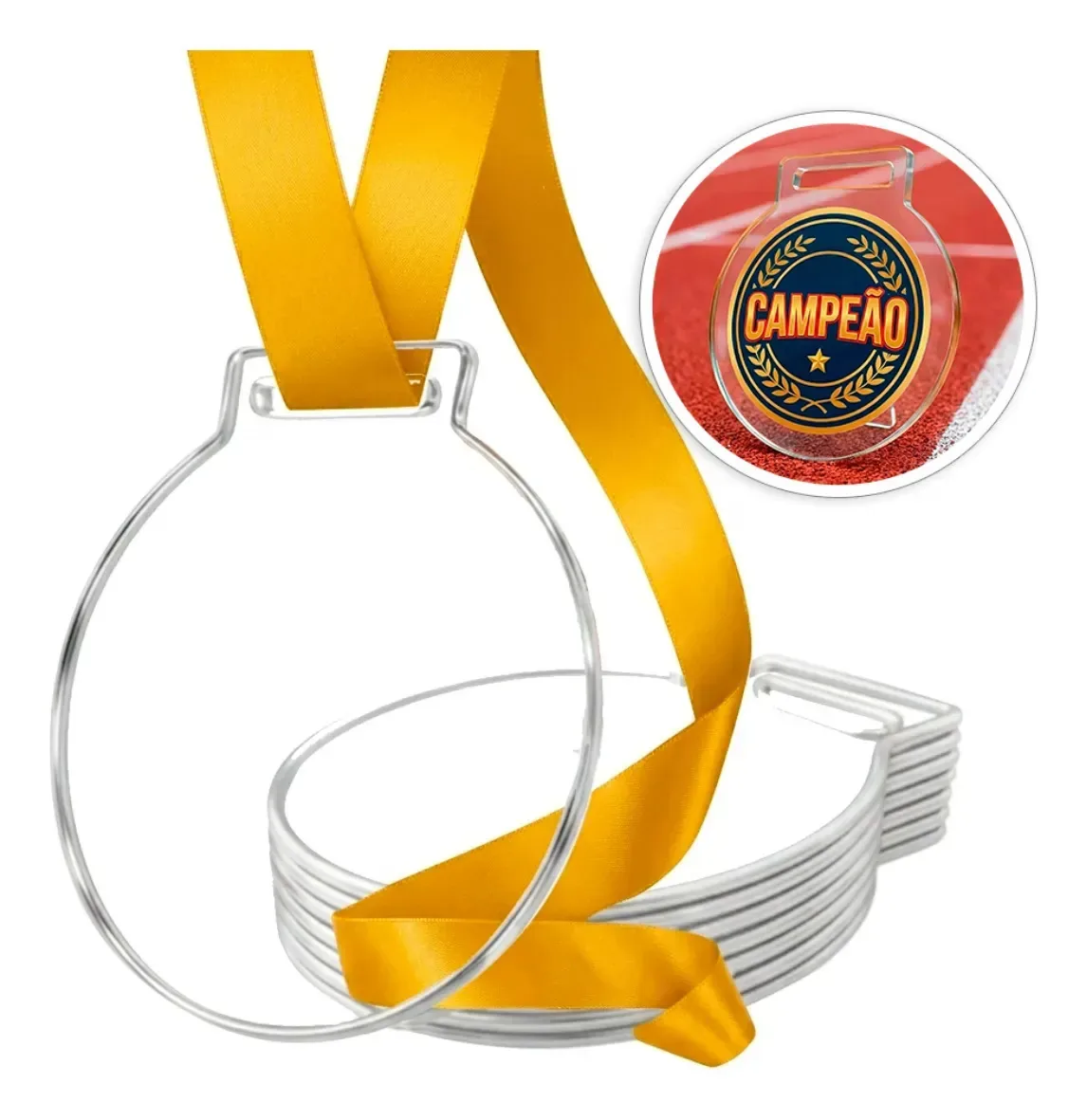 Kit 50 Medalhas Tipo Acrílico 7cm Redonda Com Fita Amarela